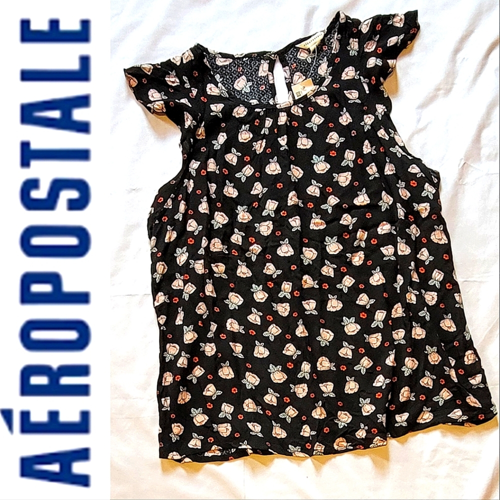 NWT Aeropostale ruffled cap sleeve floral semi sheer keyhole back blouse
